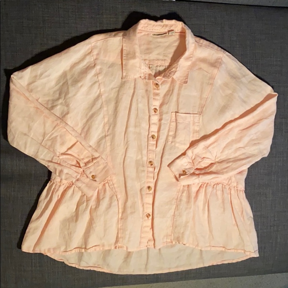 Anthropology linen button down shirt with ruffles